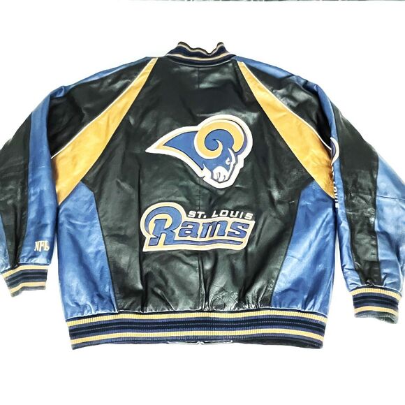 VTG NFL St. Louis Rams Football Leather Jacket Bomber style SZ XL Blue Gold - Picture 2 of 13